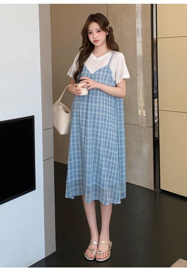 실사 임산부 페이크 레이어드 여름 패션 외국 가스 시원한 안개 안개 블루 그리드 치마 상세 이미지 17