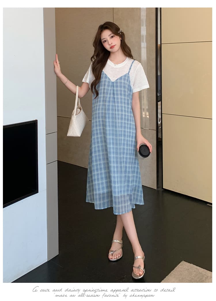 실사 임산부 페이크 레이어드 여름 패션 외국 가스 시원한 안개 안개 블루 그리드 치마 상세 이미지 20