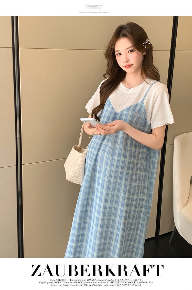 실사 임산부 페이크 레이어드 여름 패션 외국 가스 시원한 안개 안개 블루 그리드 치마 상세 이미지 24