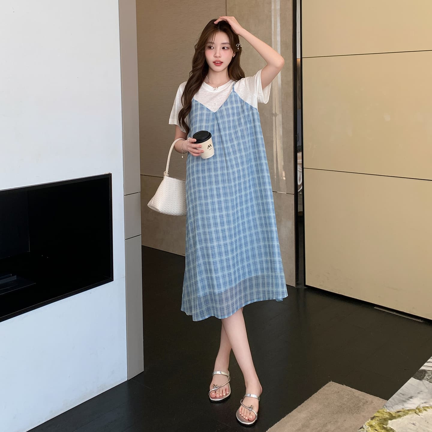 실사 임산부 페이크 레이어드 여름 패션 외국 가스 시원한 안개 안개 블루 그리드 치마 이미지 4
