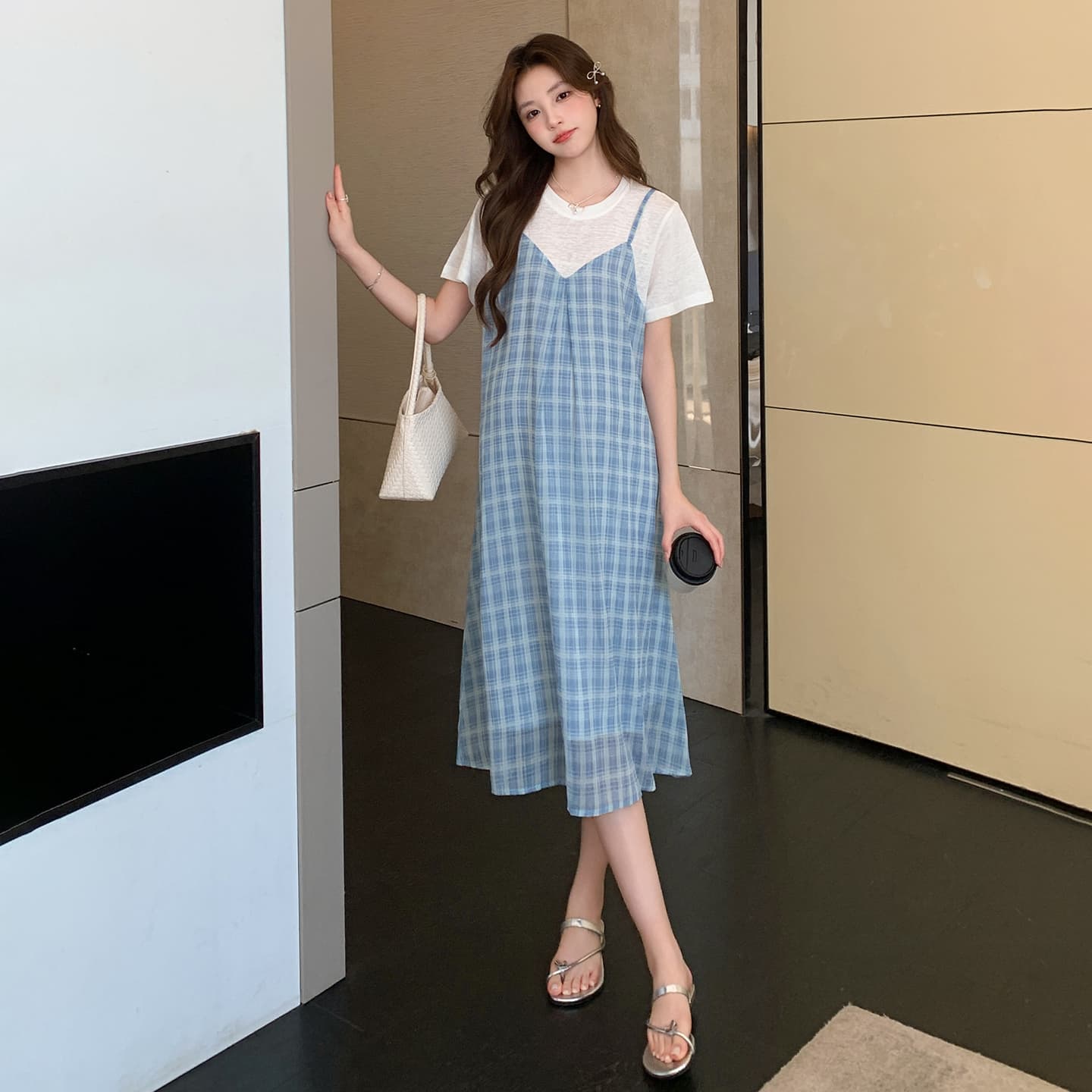 실사 임산부 페이크 레이어드 여름 패션 외국 가스 시원한 안개 안개 블루 그리드 치마 이미지 5