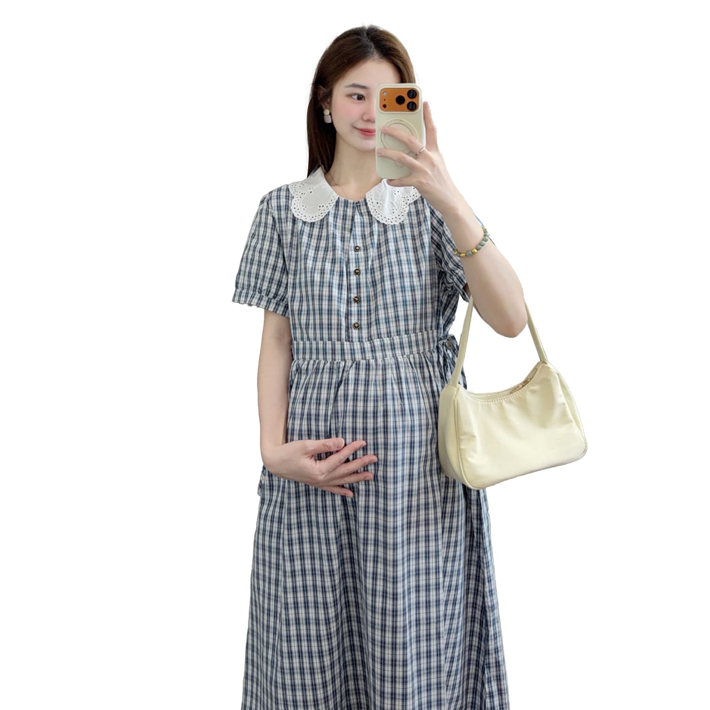 실사 임산부 드레스 새로운 그리드 애버딘 반팔 빅 사이즈 임산부 마침표 착용 가져 가라. 여름 섹션 이미지 5