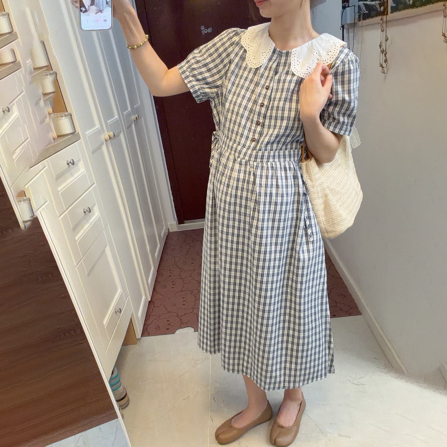 실사 임산부 드레스 새로운 그리드 애버딘 반팔 빅 사이즈 임산부 마침표 착용 가져 가라. 여름 섹션 이미지 2