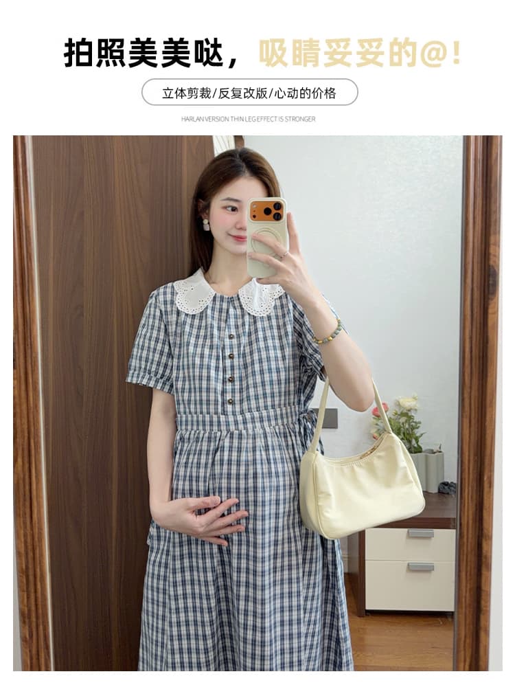 실사 임산부 드레스 새로운 그리드 애버딘 반팔 빅 사이즈 임산부 마침표 착용 가져 가라. 여름 섹션 상세 이미지 3