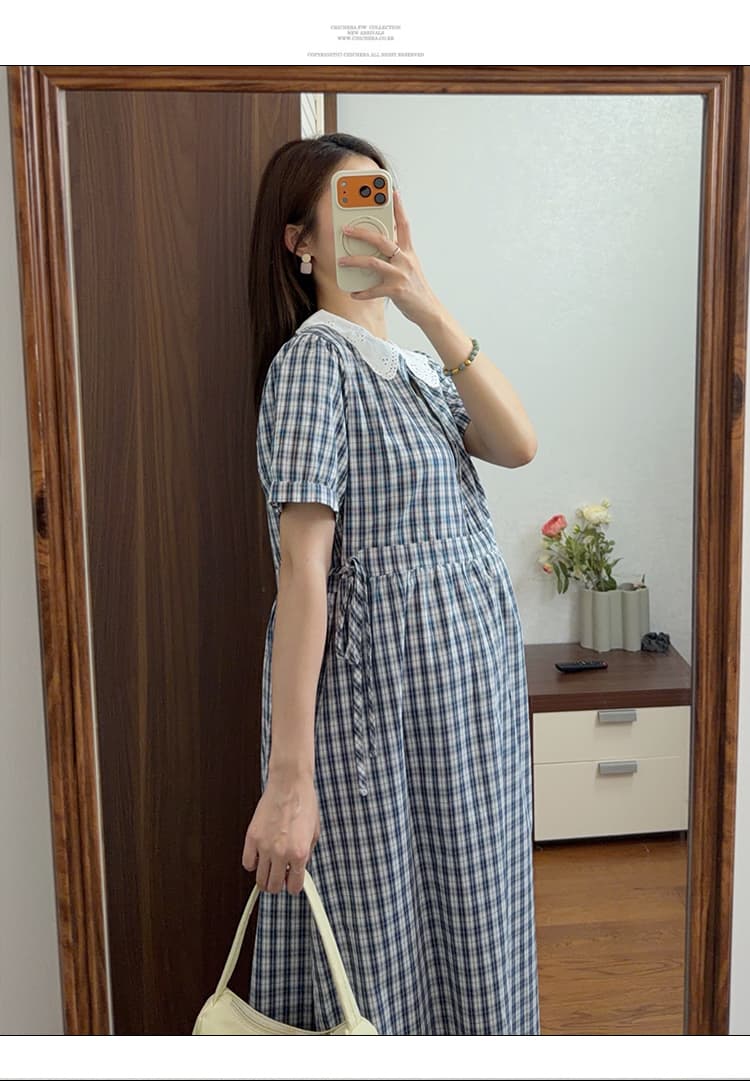 실사 임산부 드레스 새로운 그리드 애버딘 반팔 빅 사이즈 임산부 마침표 착용 가져 가라. 여름 섹션 상세 이미지 15