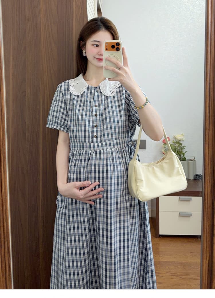 실사 임산부 드레스 새로운 그리드 애버딘 반팔 빅 사이즈 임산부 마침표 착용 가져 가라. 여름 섹션 상세 이미지 16