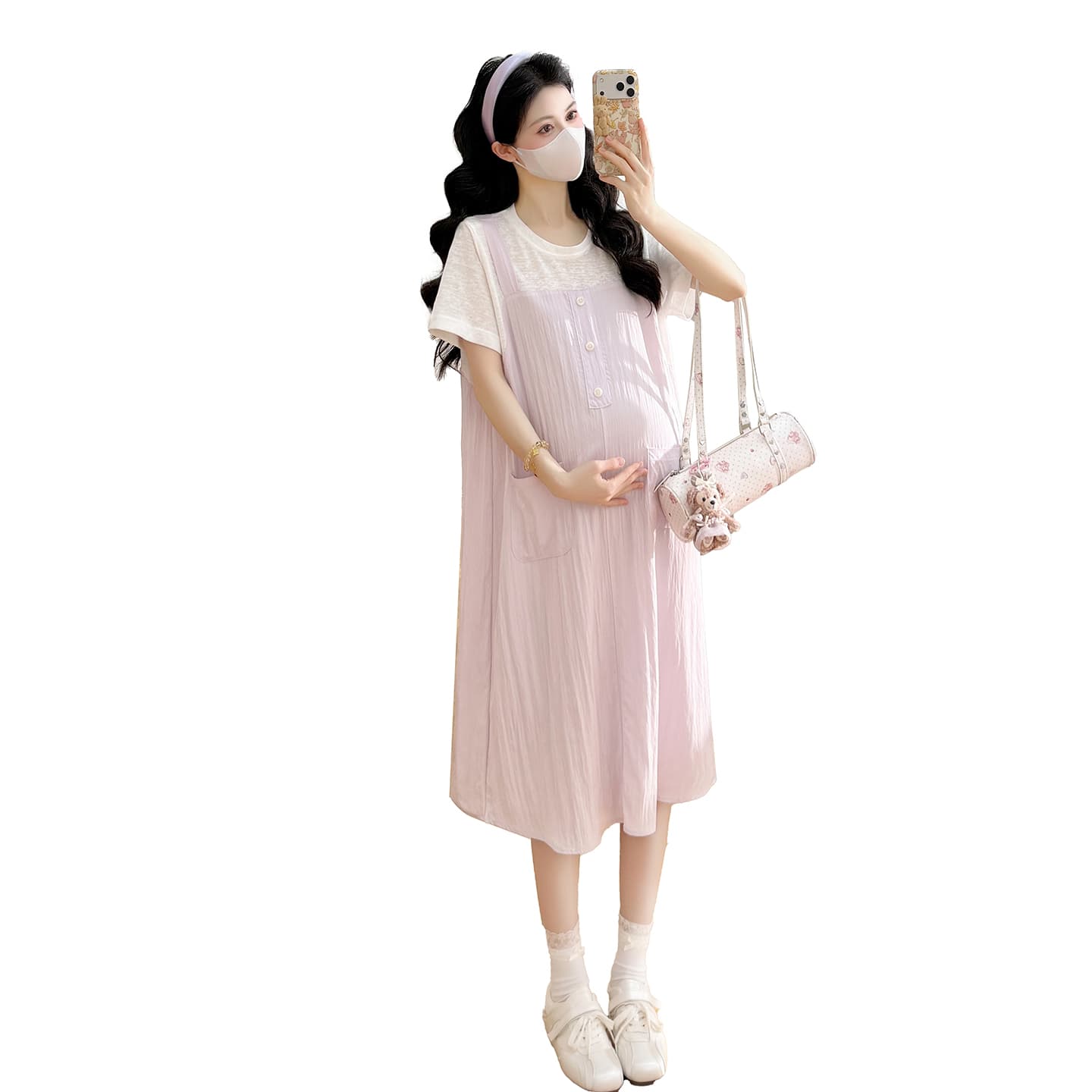 실사 임산부 여름 새로운 페이크 레이어드 드레스 루즈핏 캐주얼 슬림해 보이는 트렌디 엄마 출산 스커트 이미지 6