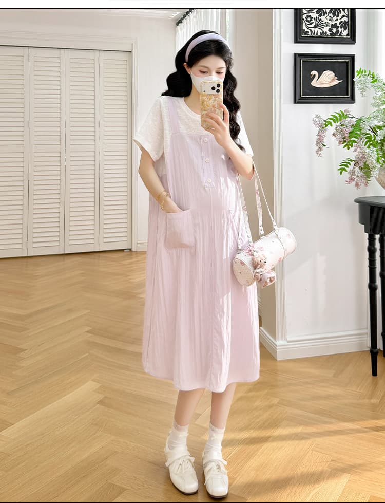 실사 임산부 여름 새로운 페이크 레이어드 드레스 루즈핏 캐주얼 슬림해 보이는 트렌디 엄마 출산 스커트 상세 이미지 19