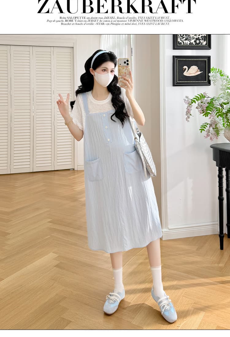 실사 임산부 여름 새로운 페이크 레이어드 드레스 루즈핏 캐주얼 슬림해 보이는 트렌디 엄마 출산 스커트 상세 이미지 26