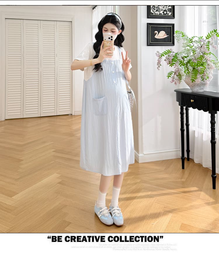 실사 임산부 여름 새로운 페이크 레이어드 드레스 루즈핏 캐주얼 슬림해 보이는 트렌디 엄마 출산 스커트 상세 이미지 28
