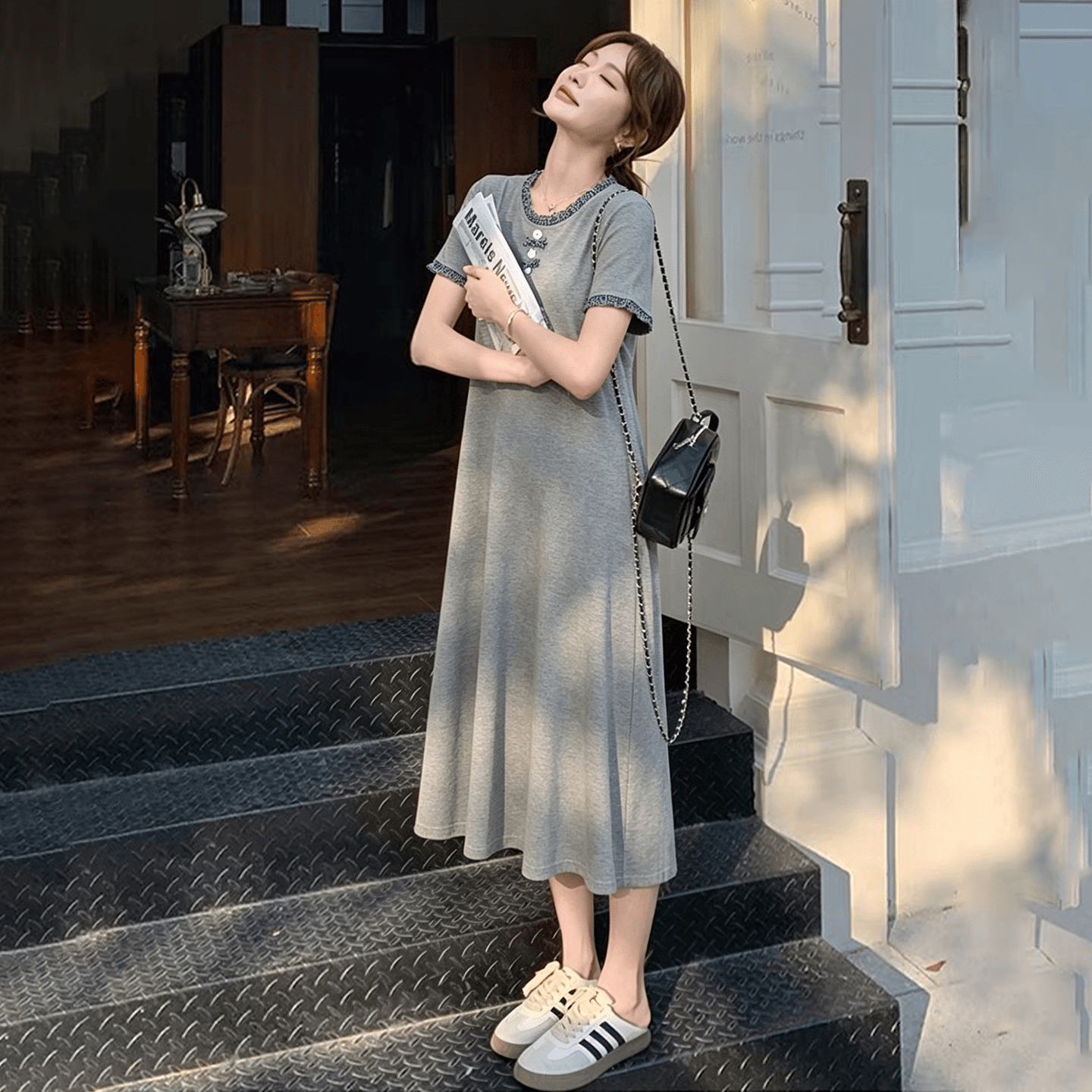 실사 임산부 드레스 새로운 패션 가져 가라. 여름 프랑스식 얇고 가벼운 드레스 이미지 3