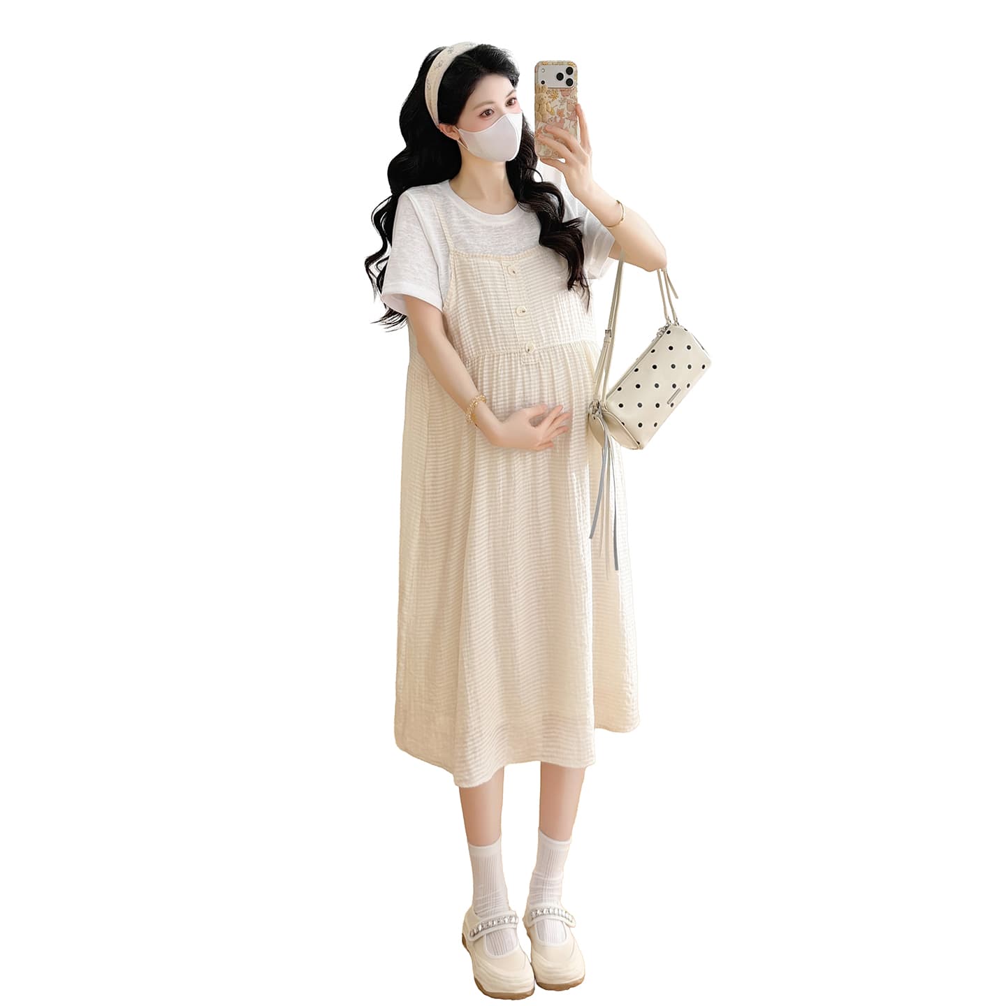 실사 임산부 편안함 가로 줄무늬 페이크 레이어드 치마 이미지 6