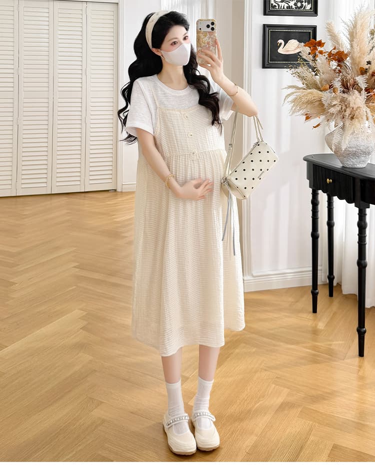 실사 임산부 편안함 가로 줄무늬 페이크 레이어드 치마 상세 이미지 17