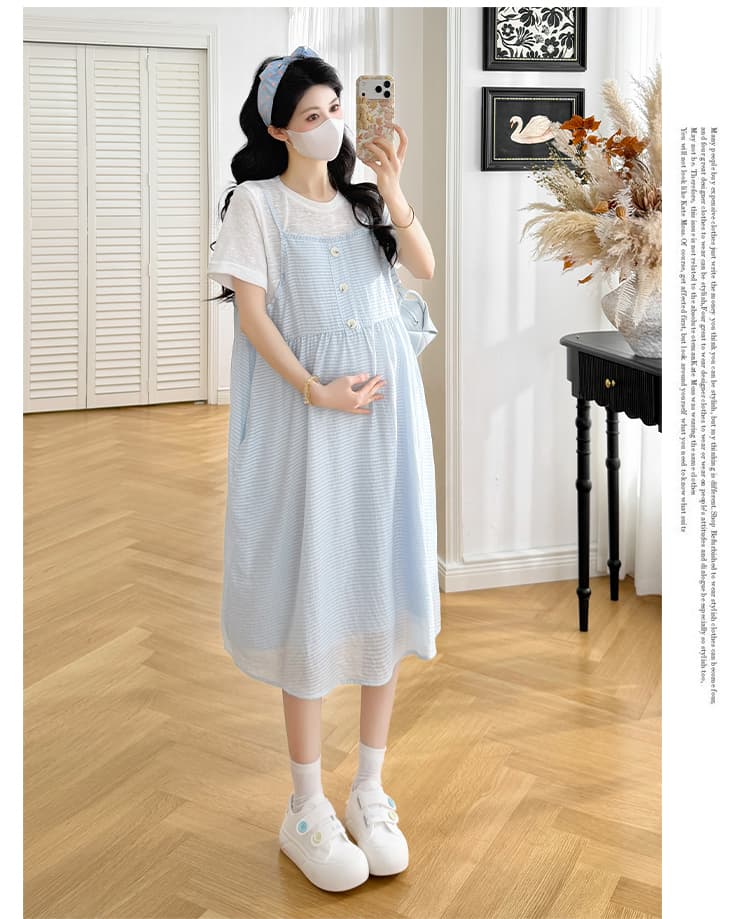 실사 임산부 편안함 가로 줄무늬 페이크 레이어드 치마 상세 이미지 22