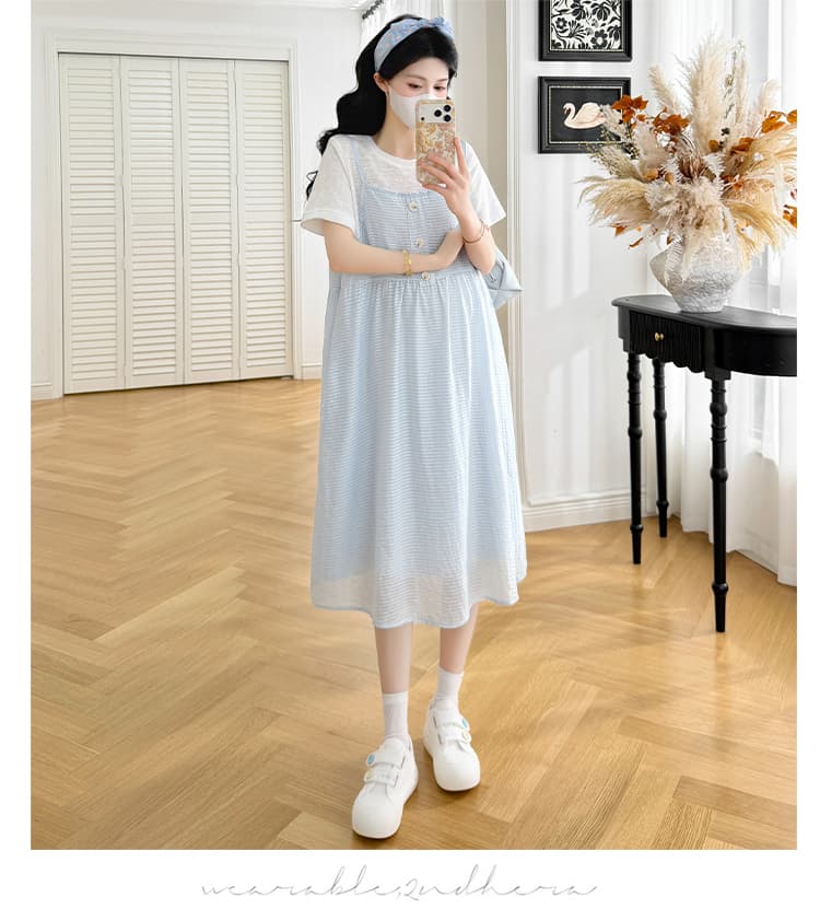 실사 임산부 편안함 가로 줄무늬 페이크 레이어드 치마 상세 이미지 25