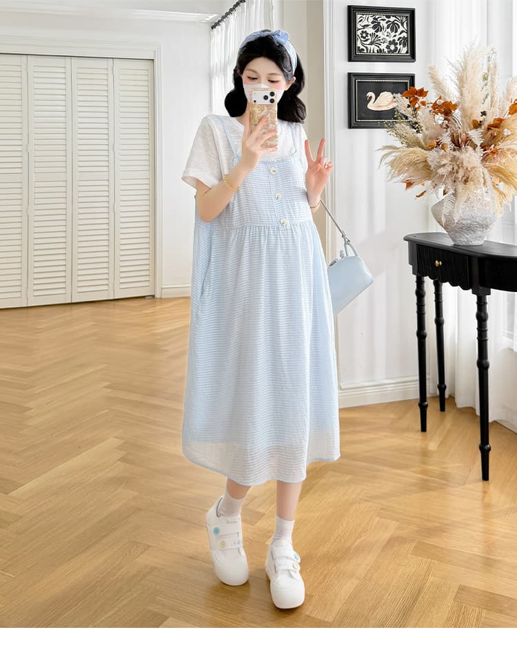 실사 임산부 편안함 가로 줄무늬 페이크 레이어드 치마 상세 이미지 27