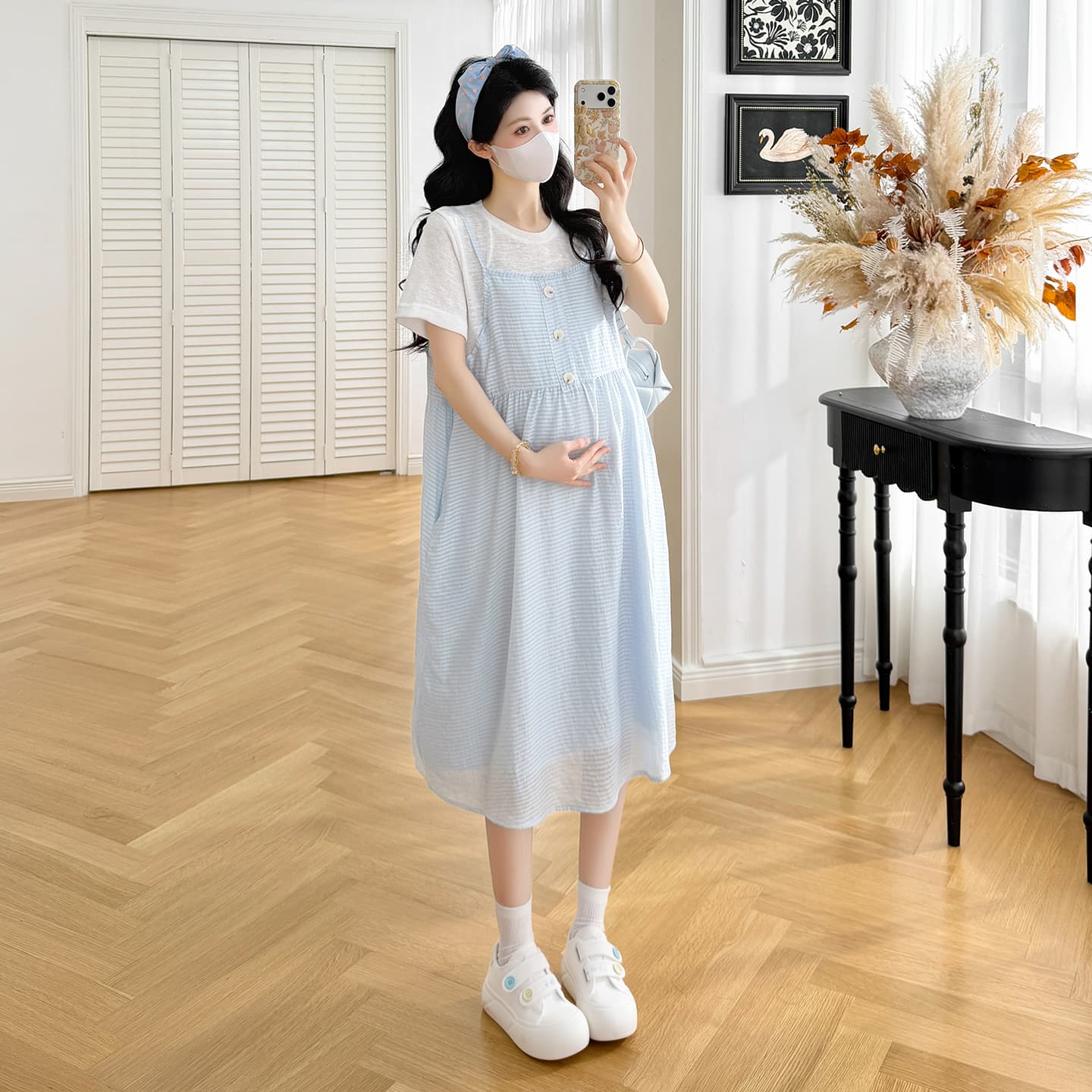 실사 임산부 편안함 가로 줄무늬 페이크 레이어드 치마 이미지 4