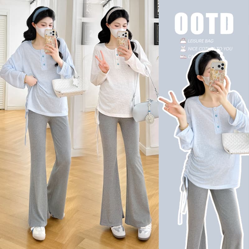 실사 임산부 봄 가을 새로운 루즈핏 대 에디션 펌프 로프 길다 티셔츠 임산부 부츠컷 바지 세트 이미지 2