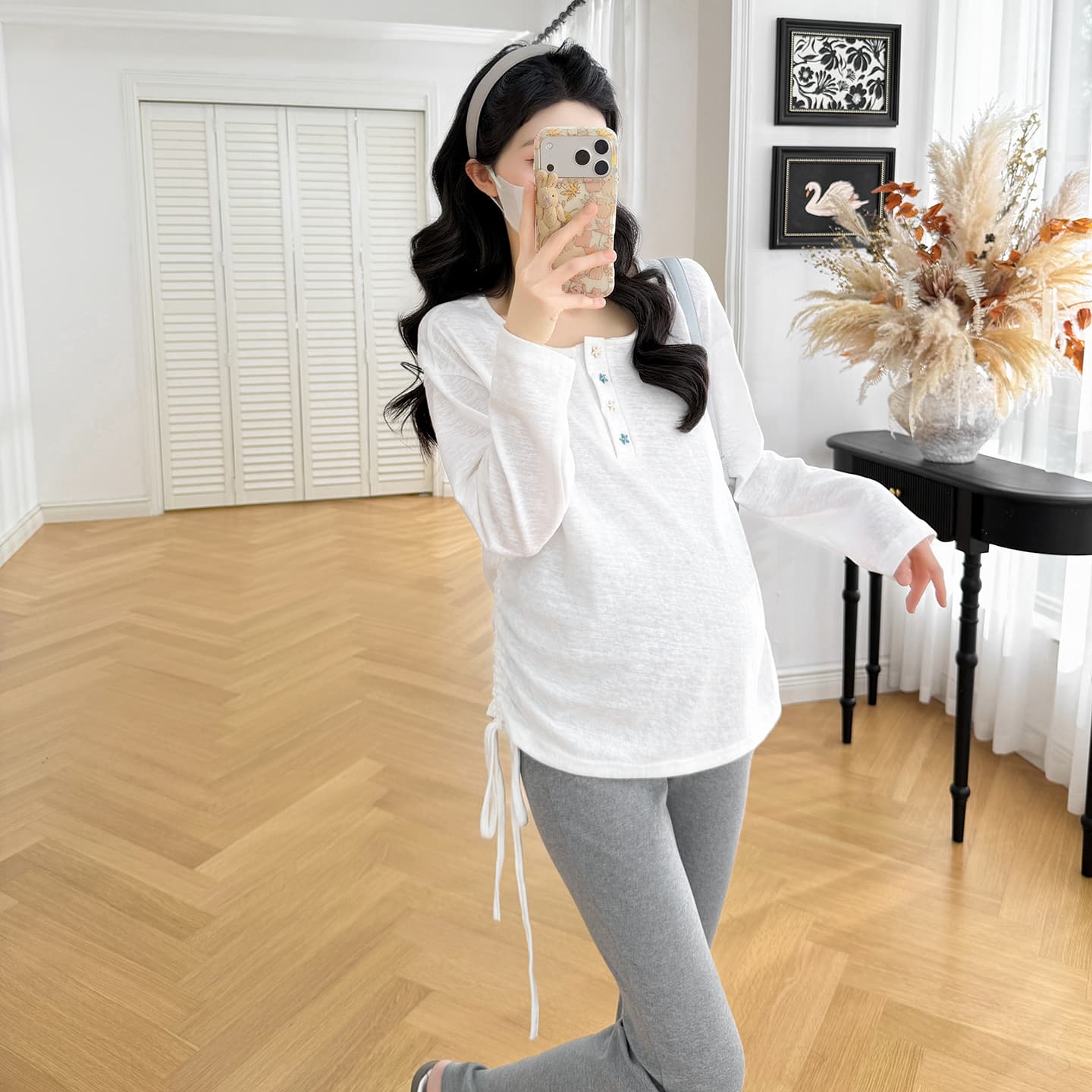 실사 임산부 봄 가을 새로운 루즈핏 대 에디션 펌프 로프 길다 티셔츠 임산부 부츠컷 바지 세트 이미지 5