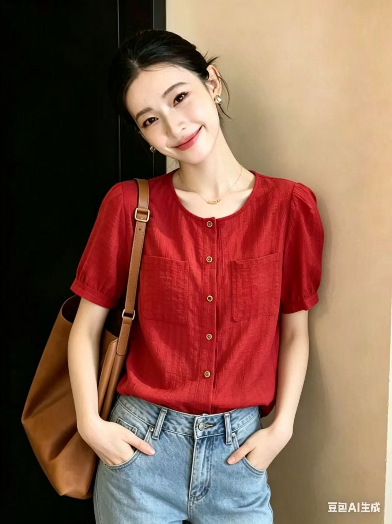빨간색 라운드 넥 반팔 여성 셔츠 여름 2025 새로운 작은 키 디자인 센스 작은 대중 셔츠 루즈핏 맨위 상세 이미지 2