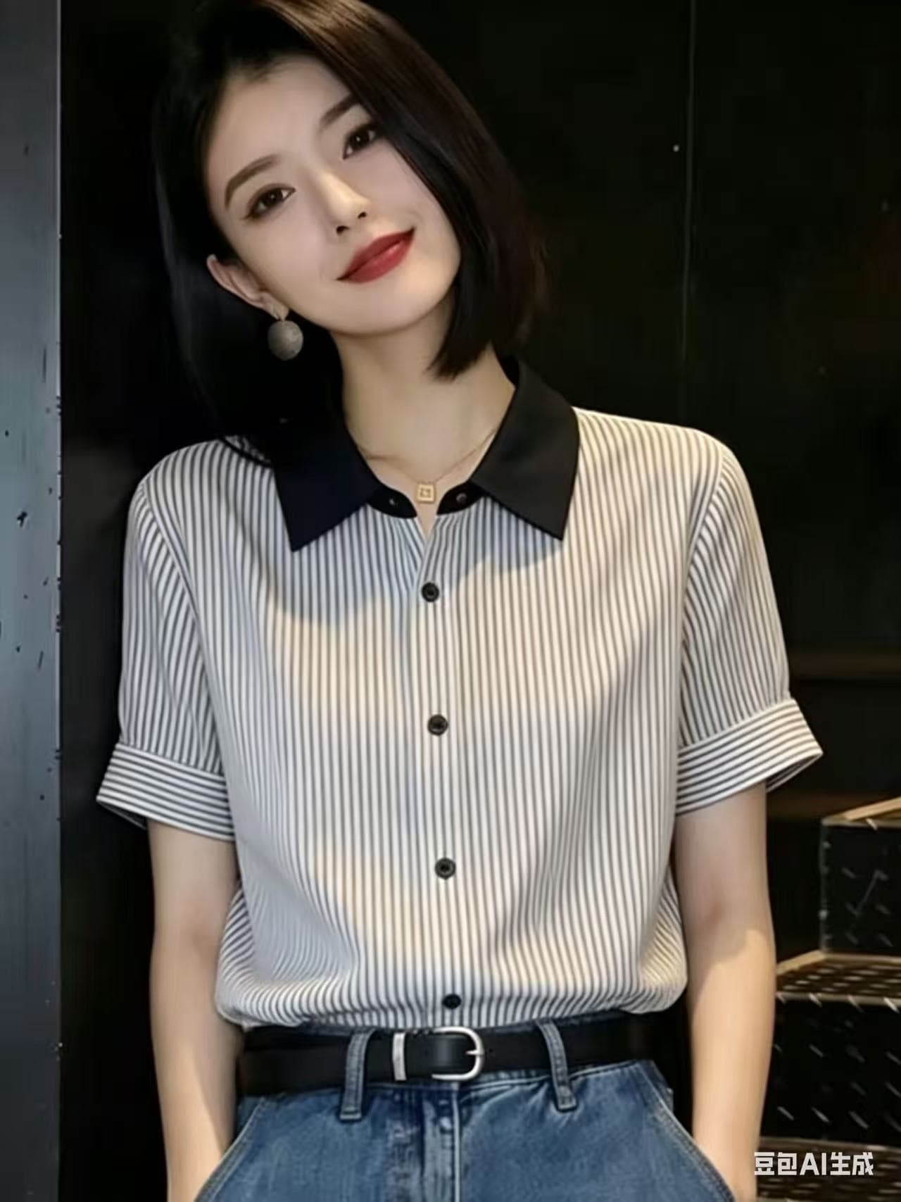 출퇴근 바람 배색 스트라이프 폴로 칼라 품격 반팔 여성 셔츠 2026 여름 새로운 품격 다용도 슬림해 보이는 맨위 상세 이미지 5