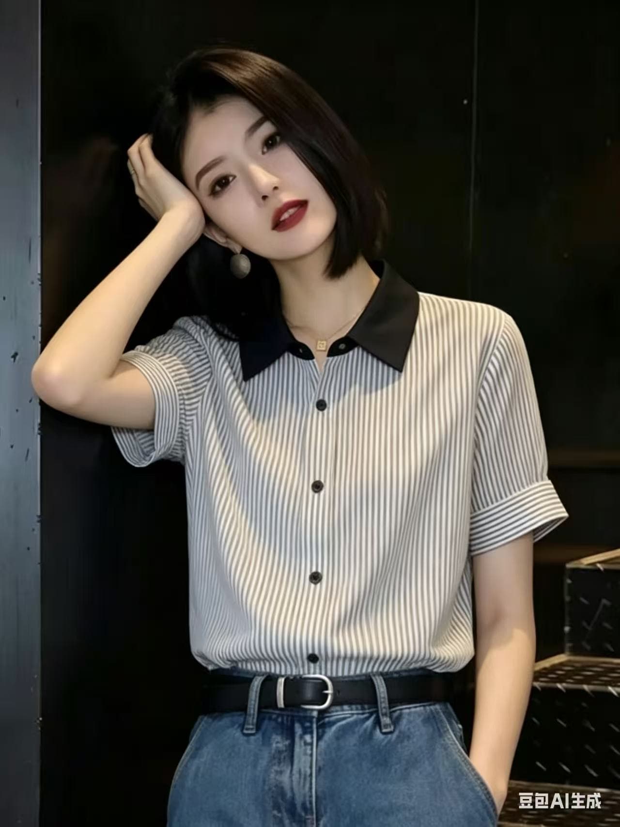 출퇴근 바람 배색 스트라이프 폴로 칼라 품격 반팔 여성 셔츠 2026 여름 새로운 품격 다용도 슬림해 보이는 맨위 상세 이미지 7