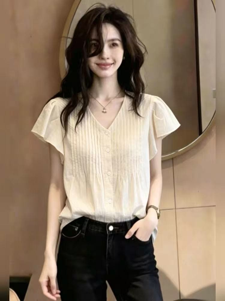 부드러운 바람 연령 감소 밝은색 플리츠 Feifei 소매 여성 셔츠 여름 슬림해 보이는 인형 셔츠 통기성 다용도 출퇴근 맨위 상세 이미지 1