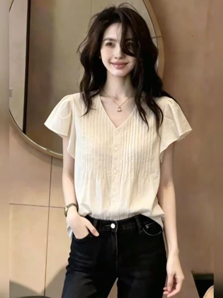 부드러운 바람 연령 감소 밝은색 플리츠 Feifei 소매 여성 셔츠 여름 슬림해 보이는 인형 셔츠 통기성 다용도 출퇴근 맨위 상세 이미지 2