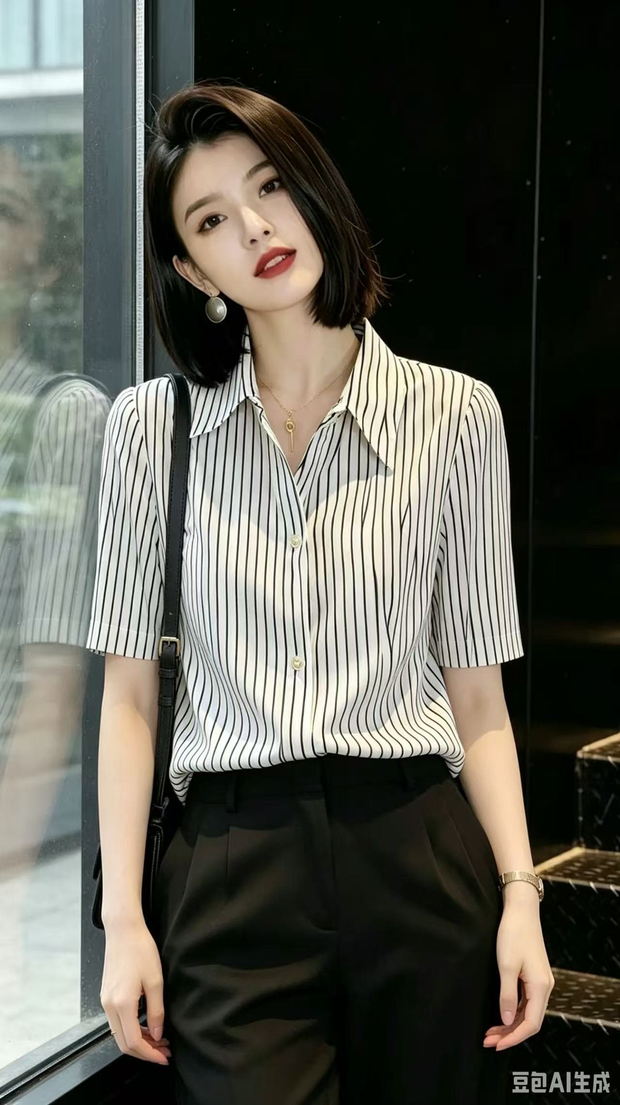봄 프랑스식 연령 감소 빛 럭셔리 고급 센스 맨위 외국 가스 고유 한 Chic 고급 품격 화이트 스트라이프 여성 셔츠 상세 이미지 3