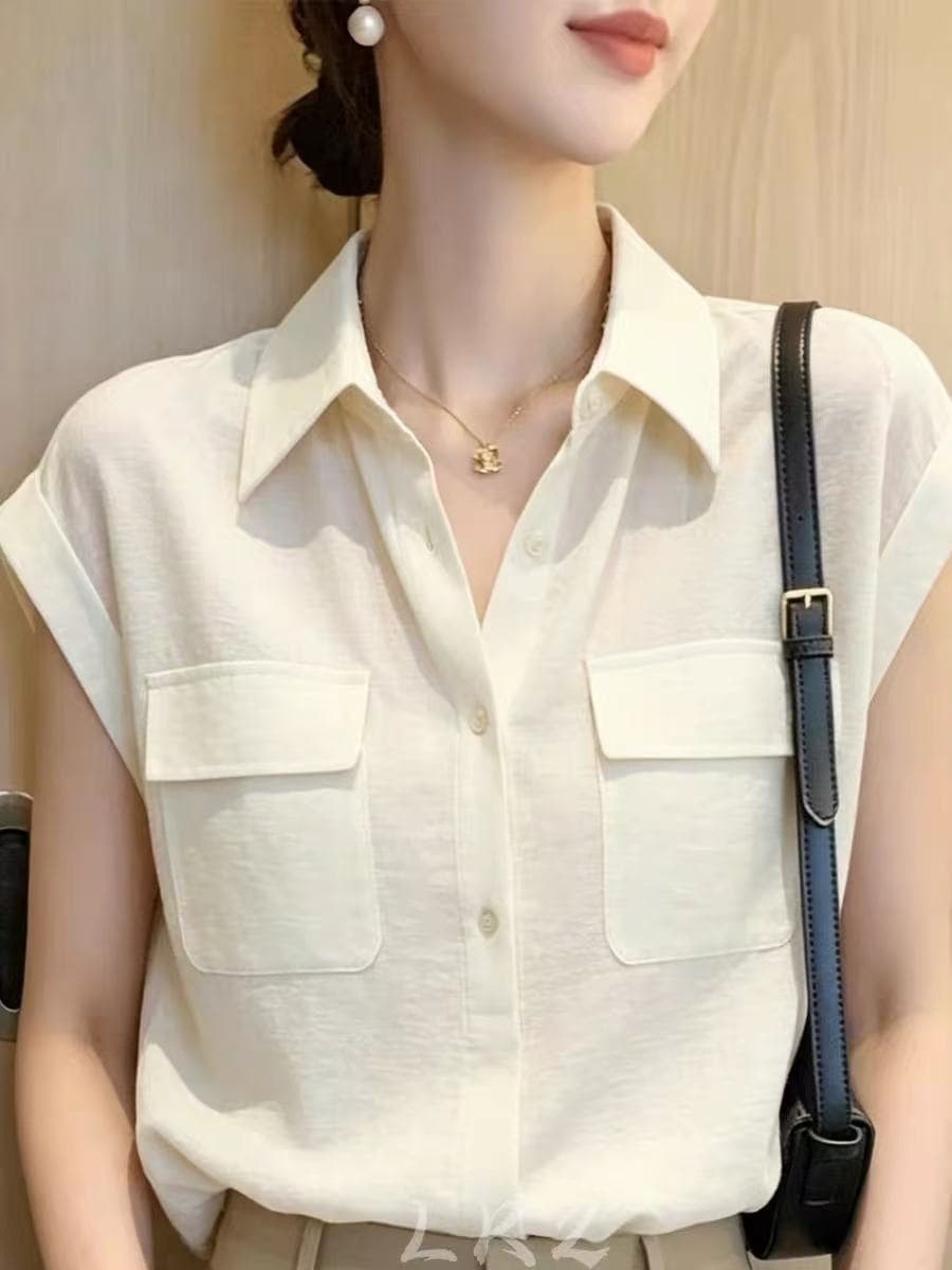 프랑스식 고급 센스 폴로 칼라 더블 주머니 싱글 줄 버튼 작은 날다 소매 미니멀리즘 패션 베이지 색 셔츠 품격 맨위 이미지 3