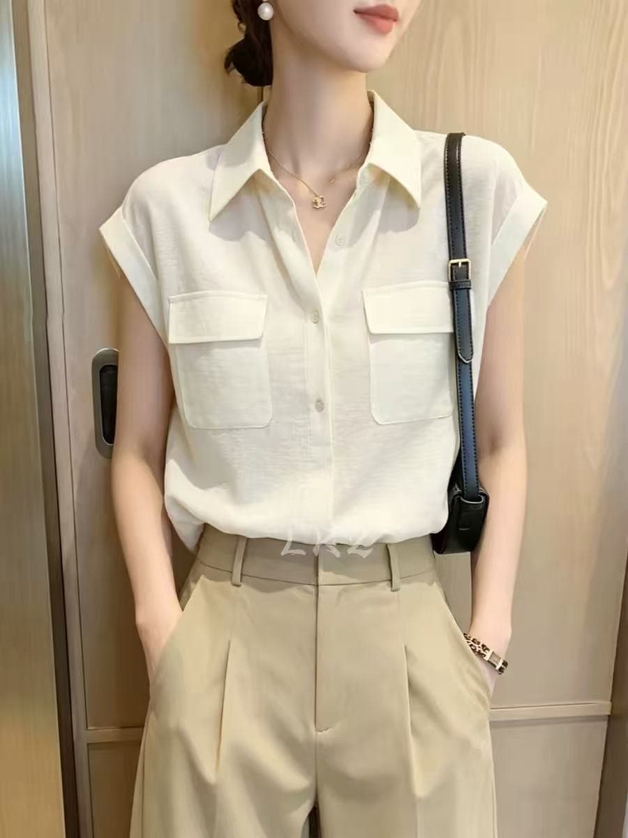 프랑스식 고급 센스 폴로 칼라 더블 주머니 싱글 줄 버튼 작은 날다 소매 미니멀리즘 패션 베이지 색 셔츠 품격 맨위 상세 이미지 1