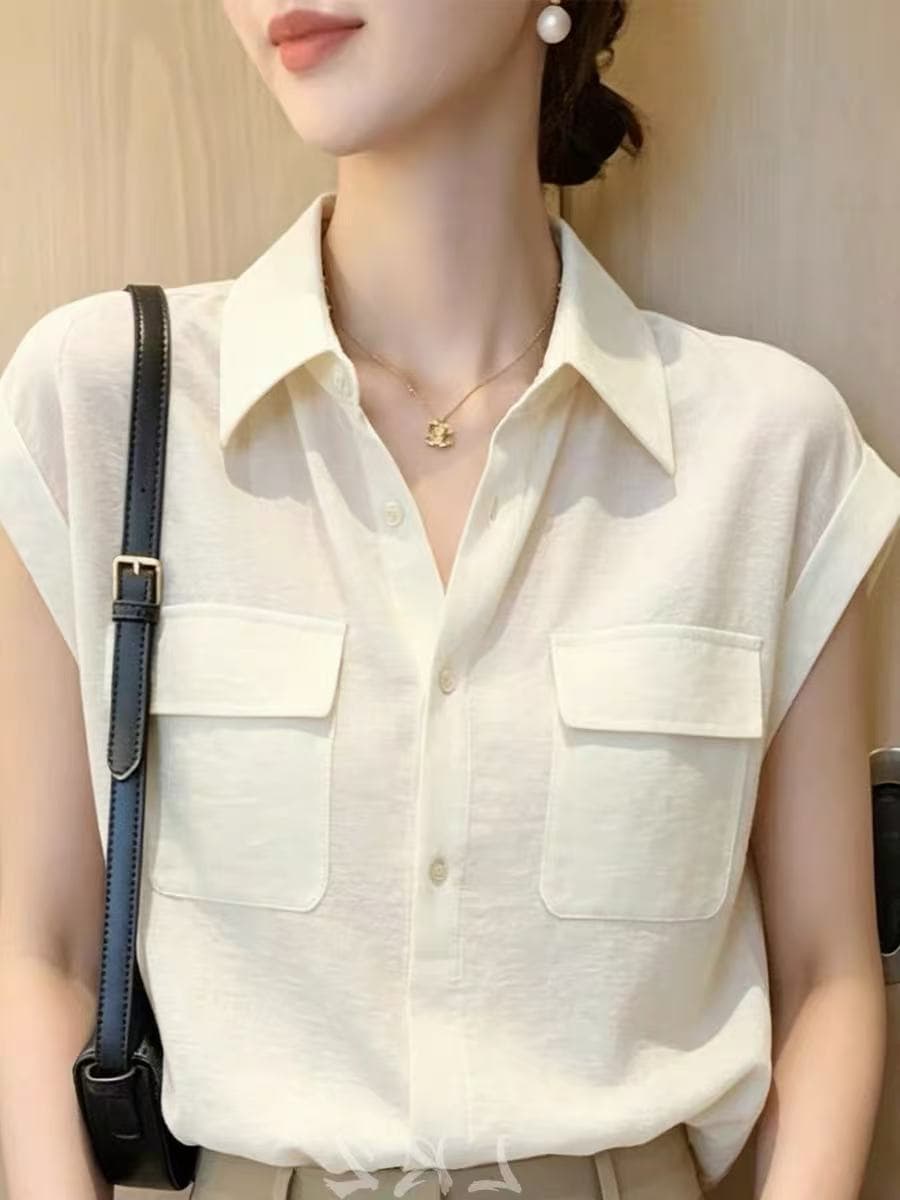 프랑스식 고급 센스 폴로 칼라 더블 주머니 싱글 줄 버튼 작은 날다 소매 미니멀리즘 패션 베이지 색 셔츠 품격 맨위 상세 이미지 4