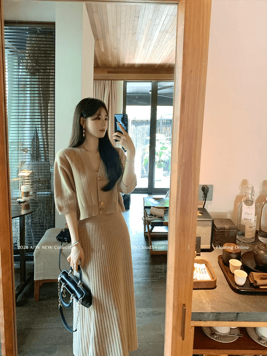 아름다운 dsweet 흰 구름 달콤한 피나 우아한 시리즈 오래된 돈 바람 양모 니트 오픈 가디건 반신 치마 세트 여성 봄 가을 이미지 3