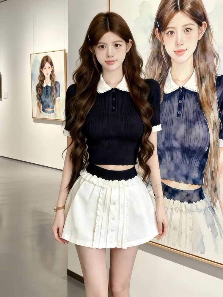 해군 레이스 칼라 니트 반팔 티셔츠 여성 2026 여름 코치 miu 첨부 된 의류 장쑤 저장 및 상하이 천 골드 착용 가져 가라. 이미지 4