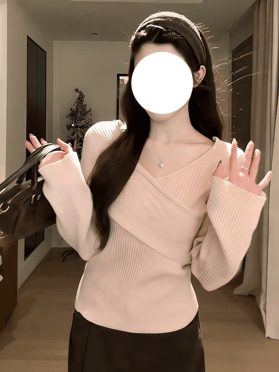 원단 부티크 lonini 분위기 festival 디자인 센스 회색 보라색 V넥 몸매 가꾸기 풀오버 니트 스웨터 작은 대중 이미지 3
