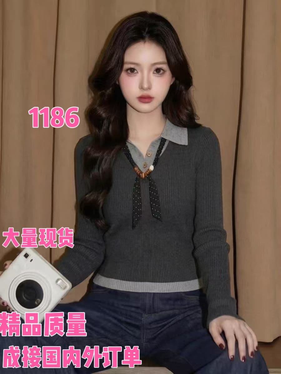 페이크 레이어드 polo 폴로 칼라 긴팔 니트 스웨터 여성 2026 가을 새로운 착용 가져 가라. 몸매 가꾸기 디자인 센스 한 첨부 된 의류