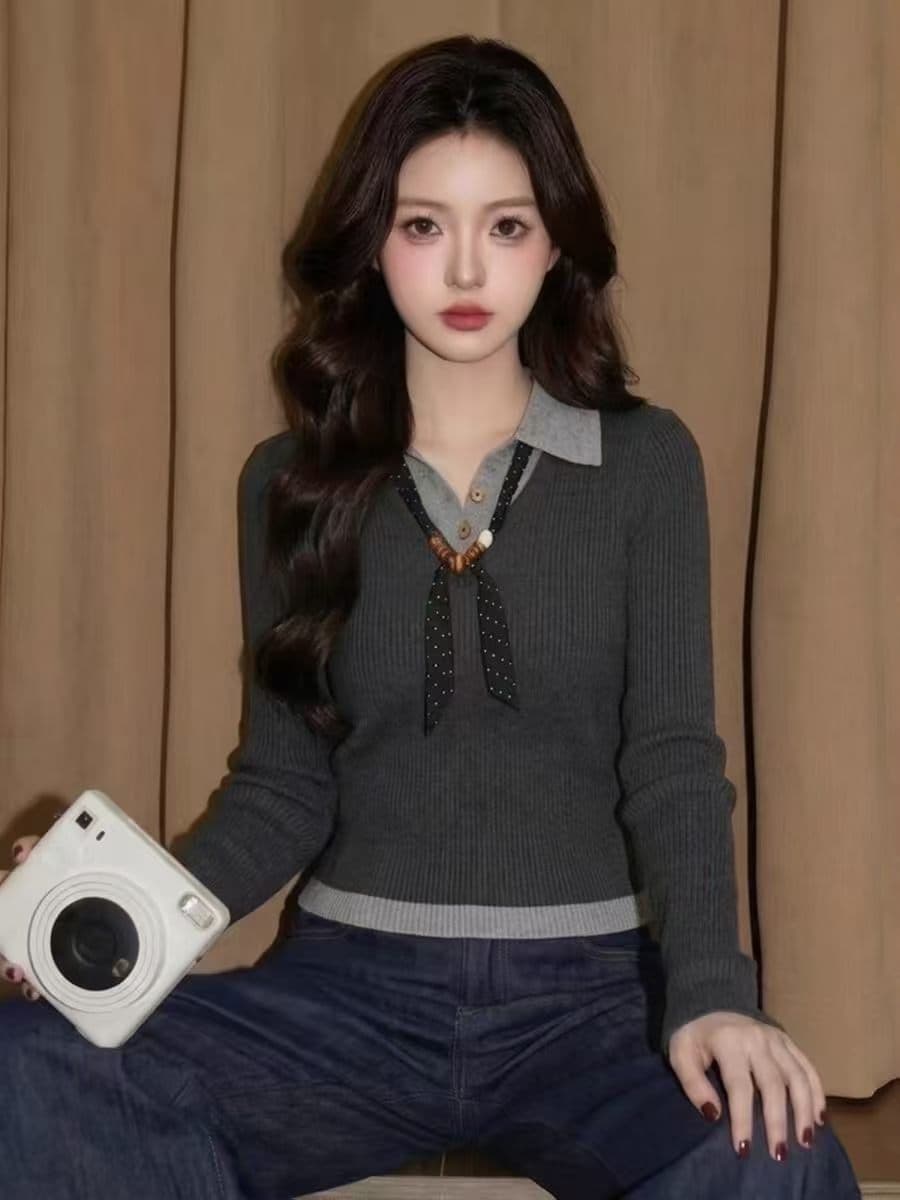 페이크 레이어드 polo 폴로 칼라 긴팔 니트 스웨터 여성 2026 가을 새로운 착용 가져 가라. 몸매 가꾸기 디자인 센스 한 첨부 된 의류 이미지 4