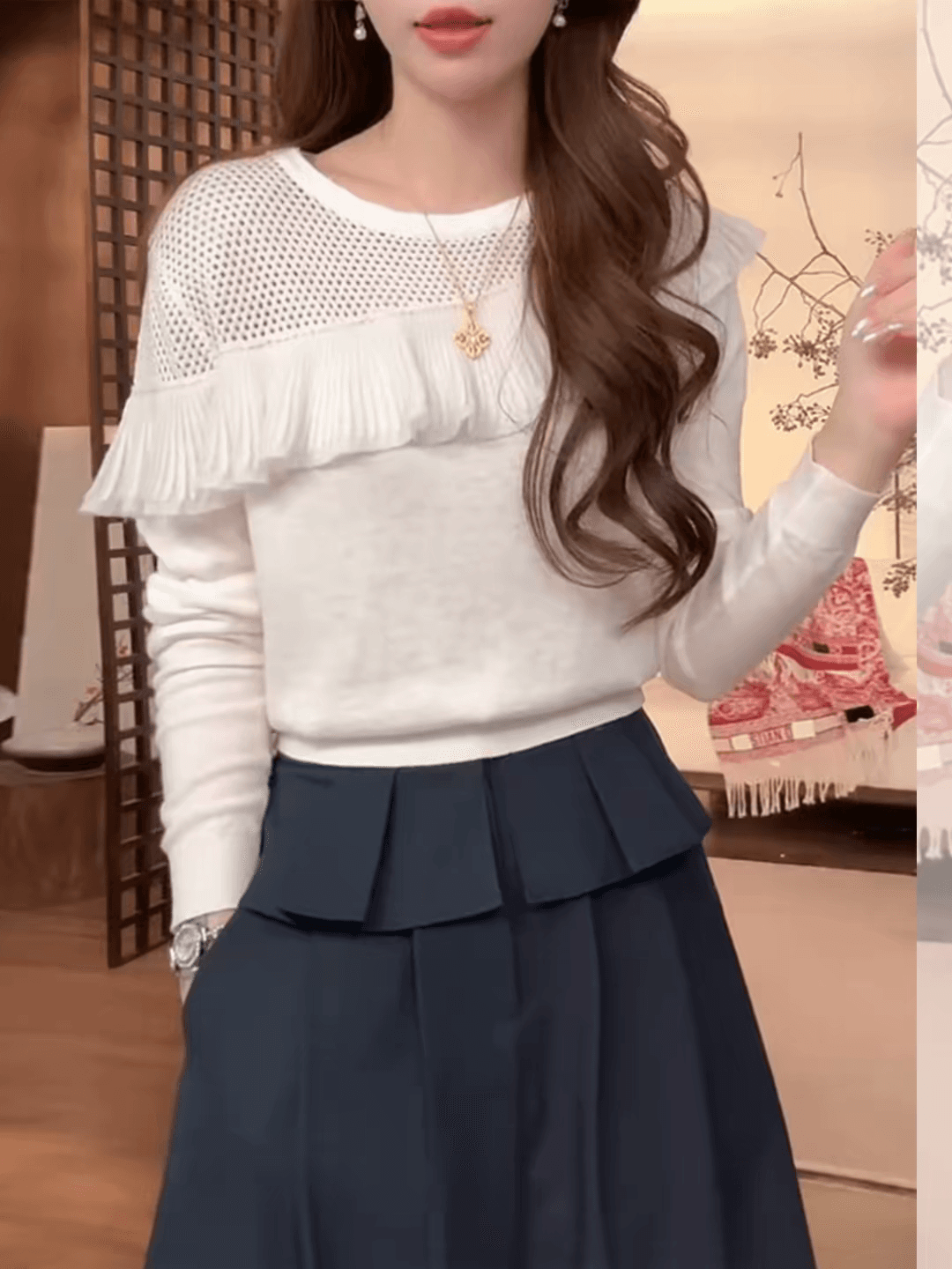 고급 센스 프릴 패치워크 니트 기본 셔츠 여성 의류 조기 가을 2026 새로운 긴팔 맨위 홀로우 아웃 스웨터 이미지 2