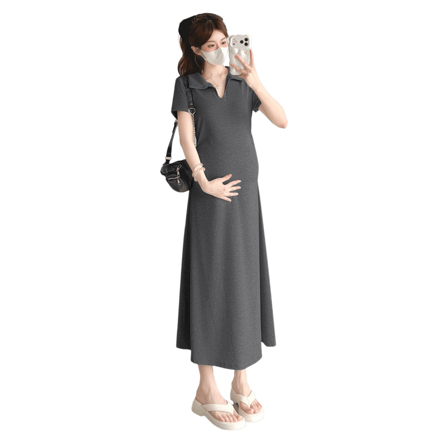 실사 지금 임산부 여름 반팔 폴로 칼라 순면 티셔츠 드레스 몸매 가꾸기 슬림해 보이는 펌프 Pleat 디자인 센스 신축성 치마 이미지 5