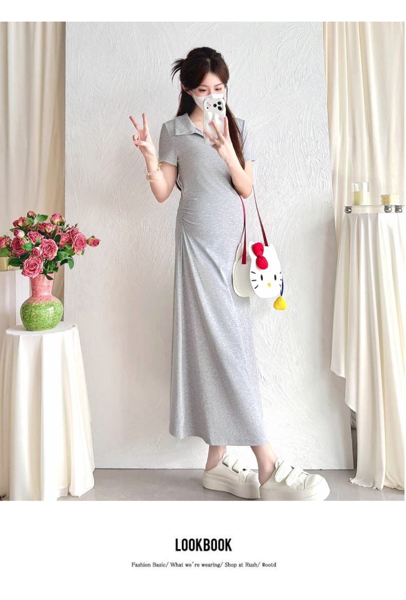 실사 지금 임산부 여름 반팔 폴로 칼라 순면 티셔츠 드레스 몸매 가꾸기 슬림해 보이는 펌프 Pleat 디자인 센스 신축성 치마 상세 이미지 25