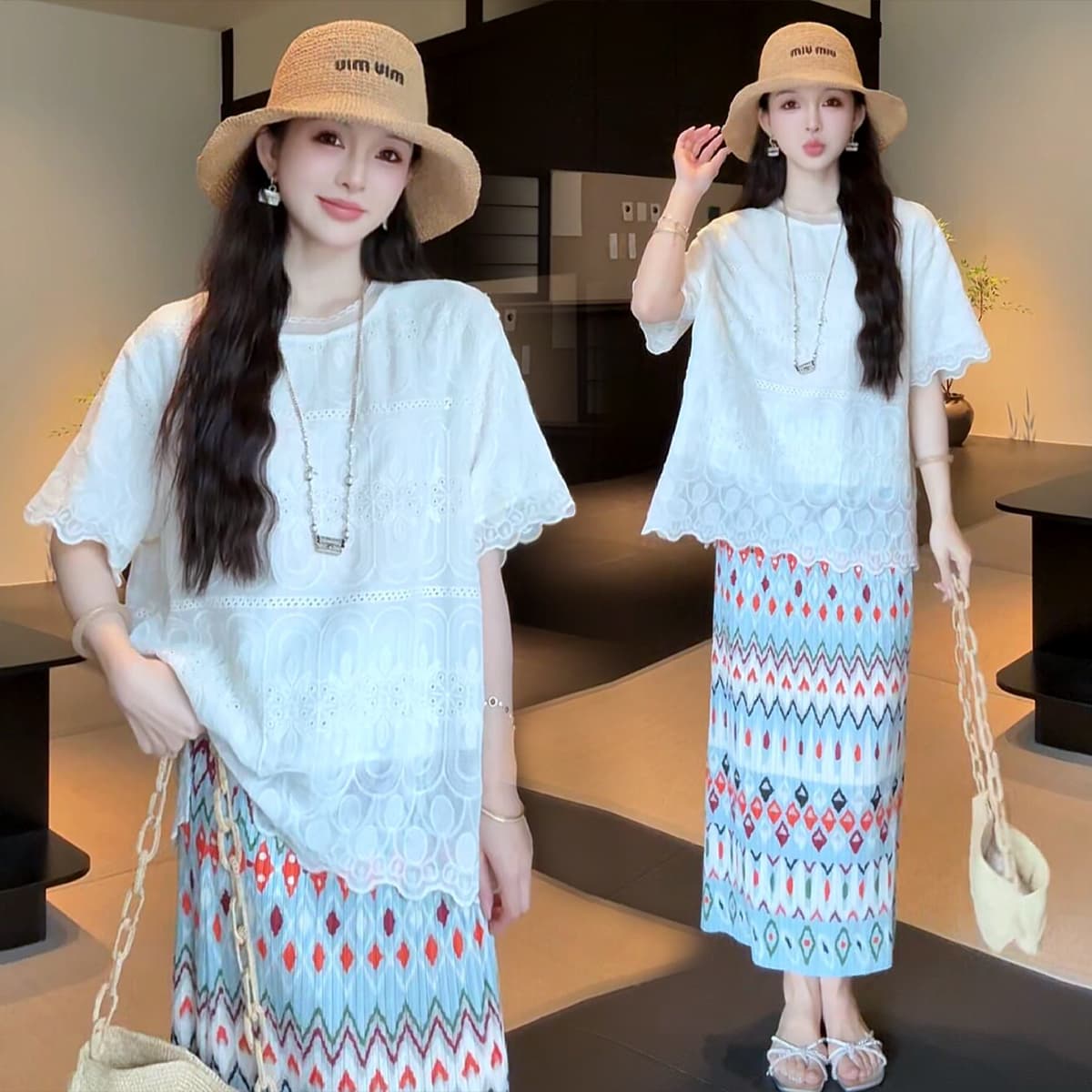 지금 임산부 여름 레이스 자수 패치워크 반팔 티셔츠 루즈핏 슬림해 보이는 보헤미안 반신 치마 세트 이미지 3