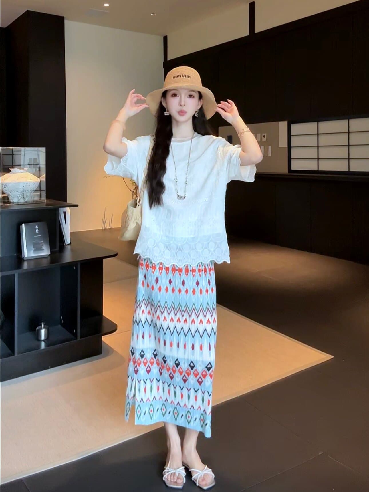 지금 임산부 여름 레이스 자수 패치워크 반팔 티셔츠 루즈핏 슬림해 보이는 보헤미안 반신 치마 세트 상세 이미지 28
