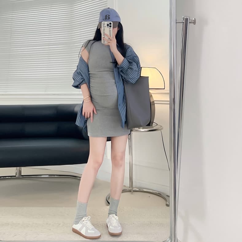 지금 h 임산부 여름 매운맛 엄마 주름 몸매 가꾸기 반팔 높은 탄력성 티셔츠 드레스 반팔 기본 스커트 셔츠 세트 이미지 4
