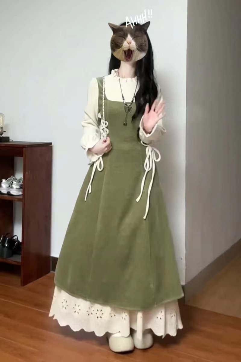 프랑스식 레트로 페이크 레이어드 녹색 드레스 아이들 가을 겨울철 2025 새로운 품격 고급 센스 허리 수축 롱 스커트 상세 이미지 2