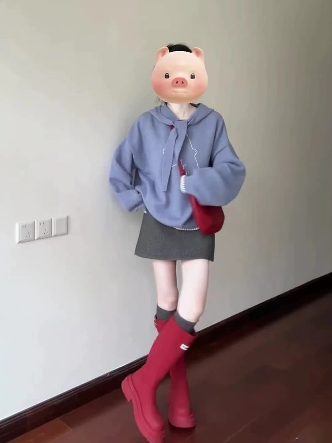 파란색 레트로 새 조개 자수 레이스업 후드 스웨터 슬림해 보이는 가을 겨울 다용도 맨위 반신 스커트 투피스 세트 상세 이미지 3