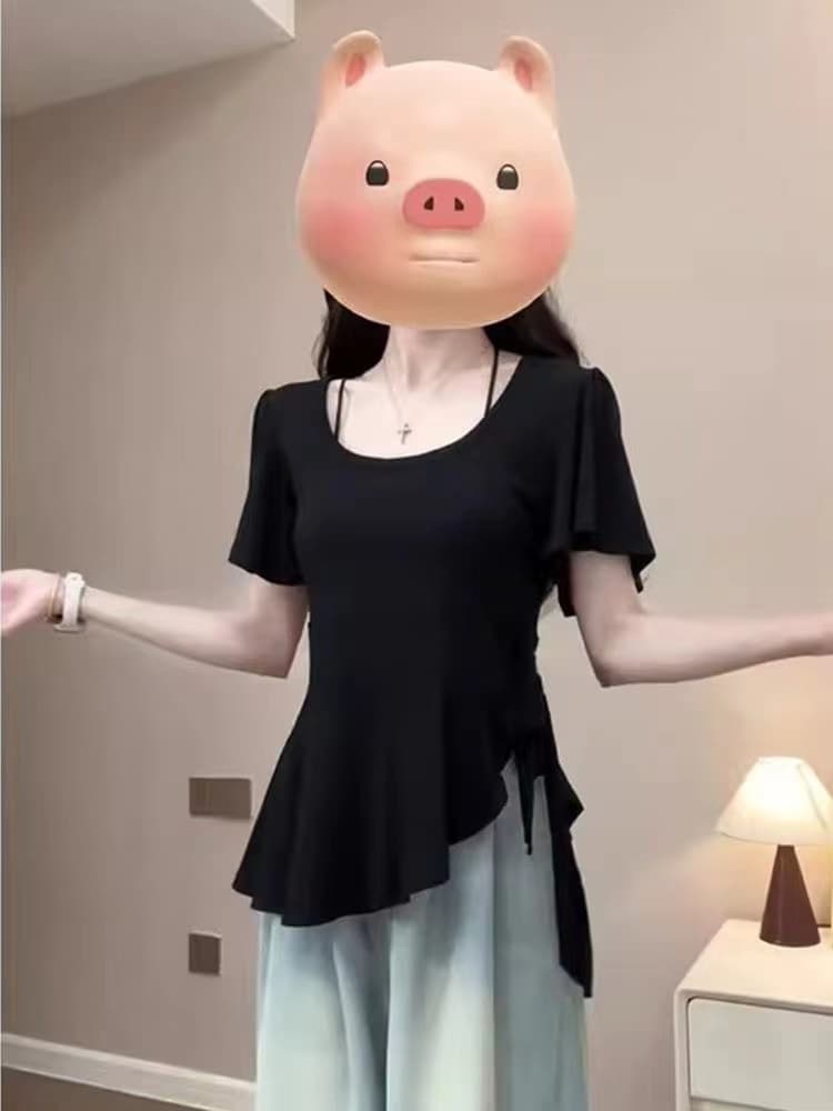 빅 사이즈 지방 mm 불규칙 트임 디자인 센스 프릴 반팔 티셔츠 여성 여름 새로운 표지 배 슬림해 보이는 맨위 상세 이미지 1