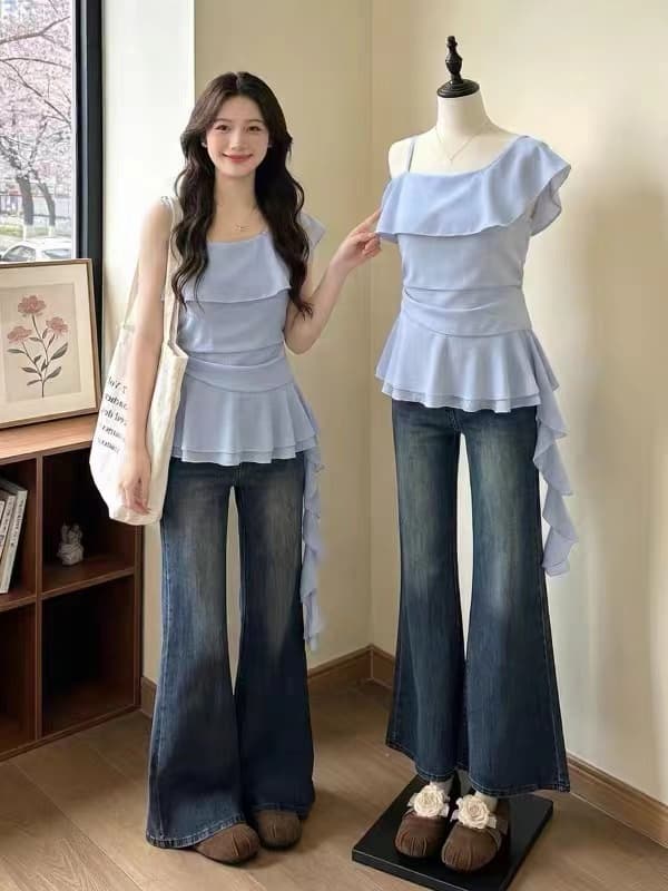 하늘색 프릴 오프숄더 반팔 티셔츠 여성 2026 여름 새로운 지방 mm 아름다운 작은 셔츠 슈퍼 잘 생긴 맨위 상세 이미지 3