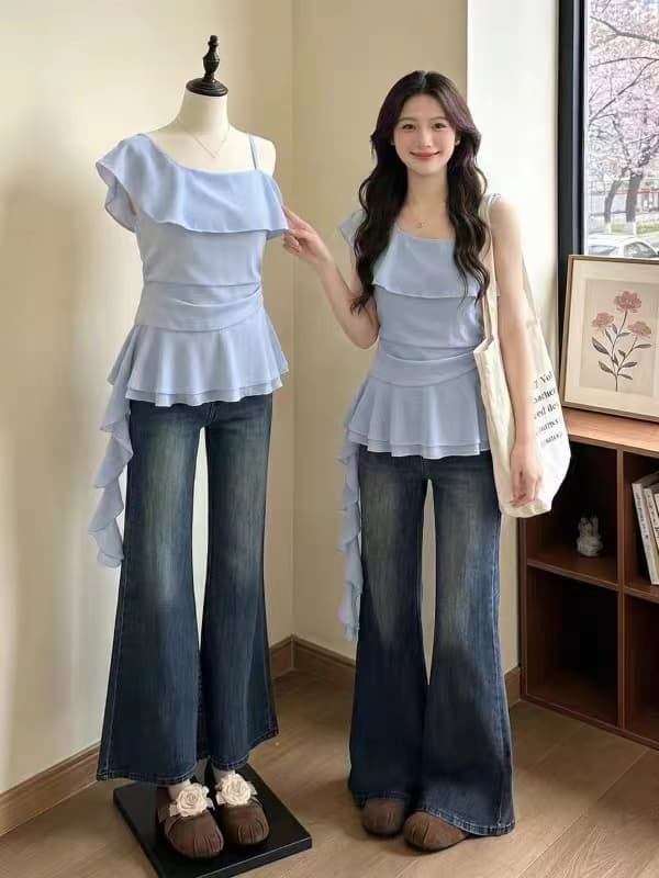 하늘색 프릴 오프숄더 반팔 티셔츠 여성 2026 여름 새로운 지방 mm 아름다운 작은 셔츠 슈퍼 잘 생긴 맨위 상세 이미지 5