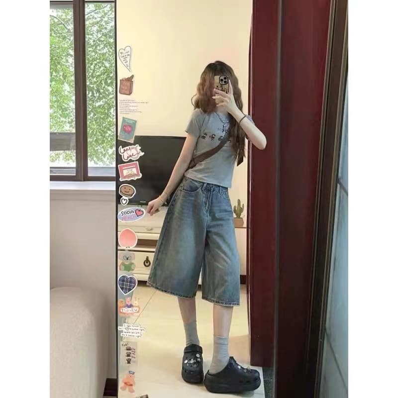 여름 작은 대중 조수 브랜드 닥스 훈트 프린트 몸매 가꾸기 슬림해 보이는 다용도 쇼트 스타일 맨위 진한 파란색 7 점 청바지 세트 상세 이미지 2