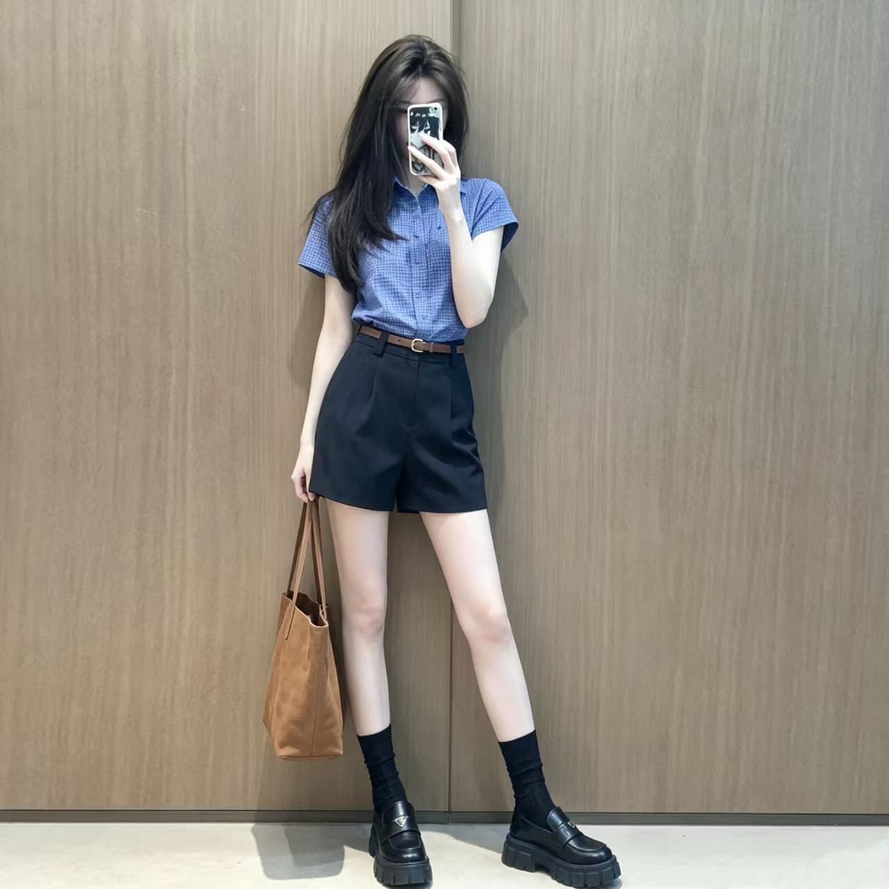 자이언트 잘 생긴 ootd 착용 가져 가라. 전체 집합 2026 새로운 폭발 파란색 반팔 여성 셔츠 여름 반바지 투피스 슈트 이미지 3
